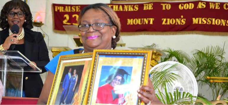 Dr. Angela Smith Principal of Gorden Greenidge school Barbados honoured for 40 years in the field of Education by Mount Zion's Missions Inc Barbados Foursquare Church