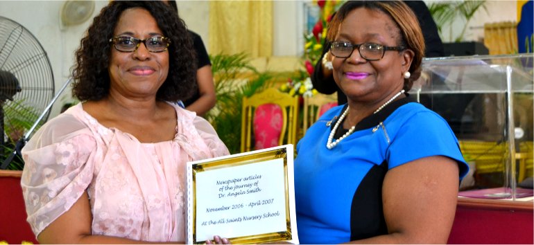 Dr. Angela Smith Principal of Gorden Greenidge school Barbados honoured for 40 years in the field of Education by Mount Zion's Missions Inc Barbados Foursquare Church